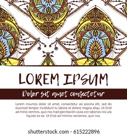 Square invite template. Vector invitation with mandala design element. Round flower ornament. Decorative vintage print. Luxury floral weave pattern.