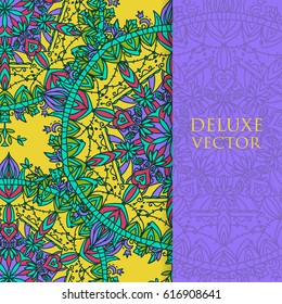 Square invite template. Vector invitation with mandala design element. Round flower ornament. Decorative vintage print. Luxury floral weave pattern.