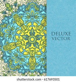 Square invite template. Vector invitation with mandala design element. Round flower ornament. Decorative vintage print. Luxury floral weave pattern.