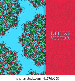 Square invite template. Vector invitation with mandala design element. Round flower ornament. Decorative vintage print. Luxury floral weave pattern.