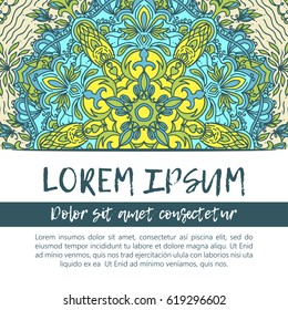 Square invite template. Vector invitation with mandala design element. Round flower ornament. Decorative vintage print. Luxury floral weave pattern.