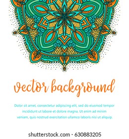 Square invite template. Vector invitation with mandala design element. Round flower ornament. Decorative vintage print. Luxury floral weave