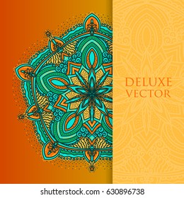 Square invite template. Vector invitation with mandala design element. Round flower ornament. Decorative vintage print. Luxury floral weave