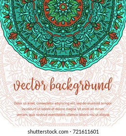 Square invite template. Vector invitation with mandala design element. Round flower ornament.