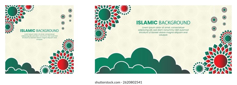 Square Islamic Background with Green Cloud Silhouette and Mandala Floral Motif for Festive Islamic Design

