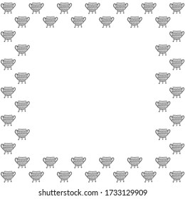 Square isolated frame of black contour elegant ornamental vintage cauldrons with arms and legs on a white background. Floor vases on coasters decorated with geometric shapes. Copy space. Vector.