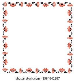 Square isolated frame of black and red abstract flowers in Scandinavian style on a white background. Vector.