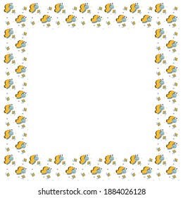 A square isolated frame of cute cartoon pretty butterflies, abstract flowers, and doodles of hearts on a white background. Summer joyful childish template for graphic design. Vector.