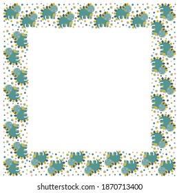 Square isolated frame of cute little Stegosaurus dinosaurs standing and smiling, monstera leaves and colorful circles on a white background. Copy space. Vector.