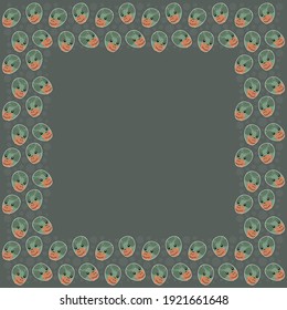 The square isolated frame of the gentle green heads of a boas constrictor with protruding tongues on a gray background. The cute backdrop of cartoon snake faces with a place for text. Vector.