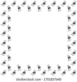A square isolated frame of hand-drawn leopards with rosy cheeks in striped vests, black shirts and trousers on a white background. Children's template with place for text in scandinavian style. Vector