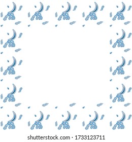 Square isolated frame of hand-drawn ornamental crescent stickers with crystals, feathers suspended from below and individually on a white background. Night music mobiles for kids. Copy space. Vector.