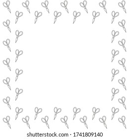 Square isolated frame from hand-drawn scissors black outline decorated with stripes on a white background for household, cutting, gardening, needlework, creativity. Vector template. Place for text. 