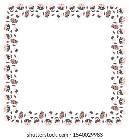 Square isolated frame made of black-pink-red cakes, sweets, tiramisu strawberries, meringues, cupcakes and cranachan on a white background. Scandinavian style. For text, flayer, card etc. Vector.