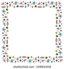 Square isolated frame made of multi-colored cakes, pies, sweets, pieces of cake, cocktails and desserts in the Scandinavian style. Place for text on a white background. Vector.