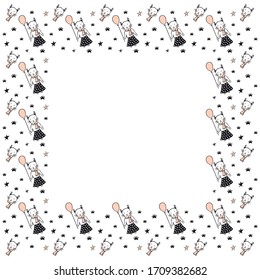 A square isolated frame in the Scandinavian style from hand-drawn lynxes in clothes with balloons, their faces, footprints of cat legs, stars in black and pink colors on a white background. Vector.