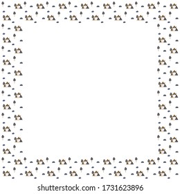 Square isolated frame for text of little village houses, growing ornamental trees, flowers and bushes, clouds in ink and orange colors on a white background. Scandinavian style. Copy space. Vector.