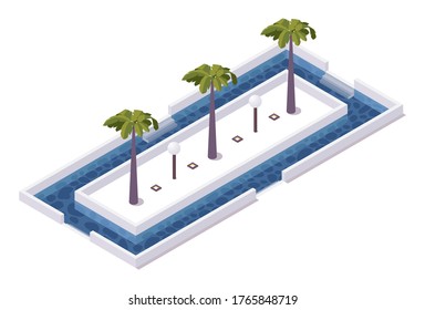 Square isometric 3d pool with palms and lamps in center. Isolated on white tropical object with blue water