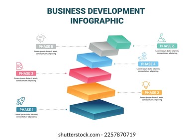 Square isometric floating diagram infographic design with icons. 6 step or phase business development infographic concept.