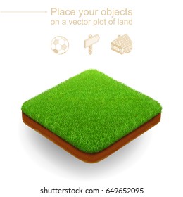 Square Isometric Lawn With A Dense Green Grass And A Brown Cut Of Ground. Plot Of Land Floats Above A White Background. Useful Like A Realistic Natural Place For The Any Advertised Objects. 3D Style.