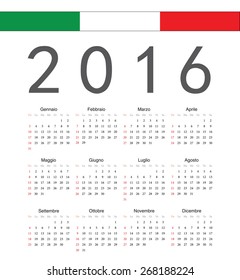 Square italian 2016 year vector calendar. Week starts from Sunday.