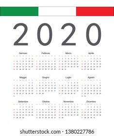 Square italian 2020 year vector calendar. Week starts from Sunday.