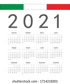 Calendario vectorial cuadrado italiano 2021. La semana empieza el domingo.