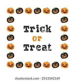 Square Jack O Lantern Halloween Frame Border. Trick or Treat Text. Social Media Post Card Template Vector Illustration.