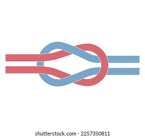 Square knot. Flat knot. Reef knot. Two twisted ropes blue and red intertwined