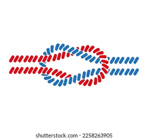 Square knot. Flat knot. Reef knot. Two twisted ropes blue and red intertwined