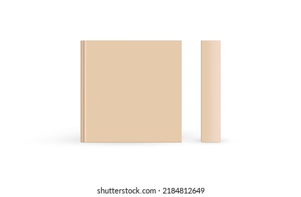 Square Kraft Brown Hardcover Book Or Photo Album Mockup, Front Cover And Spine. Vector Illustration