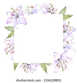 Marco de l cuadrado con flores de lirio blanco y rosa, ilustración de acuarela