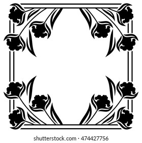 Square label with black and white decorative flowers silhouettes. Copy space. Design element for your artwork. Vector clip art.