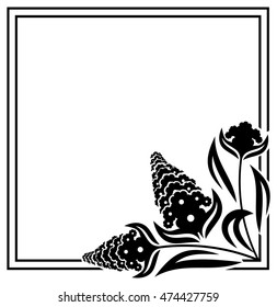 Square label with black and white decorative flowers silhouettes. Copy space. Design element for your artwork. Vector clip art.