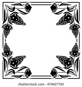 Square label with black and white decorative flowers silhouettes. Copy space. Design element for your artwork. Vector clip art.