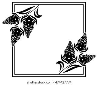Square label with black and white decorative flowers silhouettes. Copy space. Design element for your artwork. Vector clip art.
