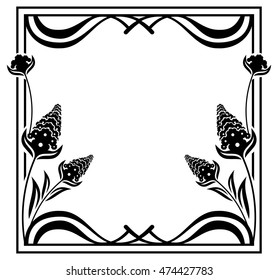 Square label with black and white decorative flowers silhouettes. Copy space. Design element for your artwork. Vector clip art.