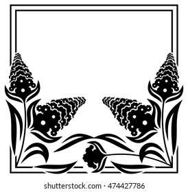 Square label with black and white decorative flowers silhouettes. Copy space. Design element for your artwork. Vector clip art.