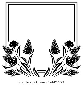 Square label with black and white decorative flowers silhouettes. Copy space. Design element for your artwork. Vector clip art.