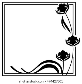 Square label with black and white decorative flowers silhouettes. Copy space. Design element for your artwork. Vector clip art.