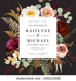 Square label dark frame arranged from leaves and flowers. Rust orange rose, peony, ranunculus, burgundy astilbe, fern, eucalyptus vector design. Masterpiece style. Autumn card. Isolated and editable