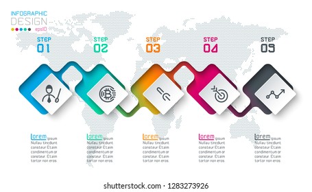 Square label infographic with 5 steps.