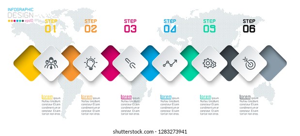Square label infographic with 6 steps.