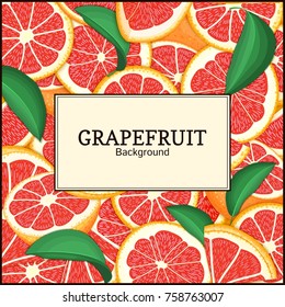 square label on citrus grapefruit background. Vector card illustration. Tropical fresh and juicy red pomelo frame peeled piece of half slice for design of food packaging juice breakfast, tea diet juce