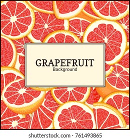 square label on citrus grapefruit background. Vector card illustration. Tropical fresh and juicy red pomelo frame peeled piece of half slice for design of food packaging juice breakfast, tea diet juce
