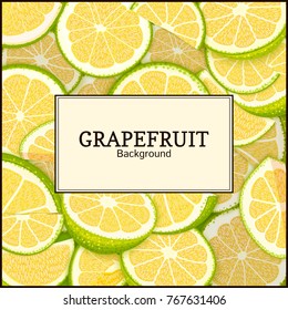 square label on citrus grapefruit background. Vector card illustration. Tropical fresh green pomelo frame peeled piece of half slice for design of food packaging juice breakfast, tea diet juce