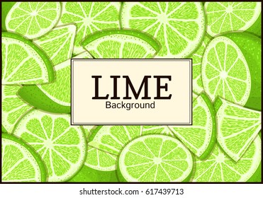 square label on citrus lime background. Vector card illustration. Tropical fresh and juicy green lemon frame peeled piece of half slice for design of food packaging juice breakfast