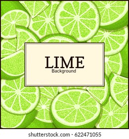 square label on citrus lime background. Vector card illustration. Tropical fresh and juicy green lemon frame peeled piece of half slice for design of food packaging juice breakfast
