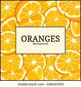 Square label on citrus oranges fruits background. Vector card illustration. Tropical fresh juicy orange fruit frame peeled piece of half slice for design of food packaging juice breakfast, detox