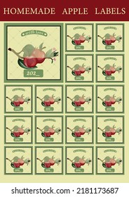 
Square labels for apples. jam sticker. Packaging for home cooking. Red Apple. Fruit jam.